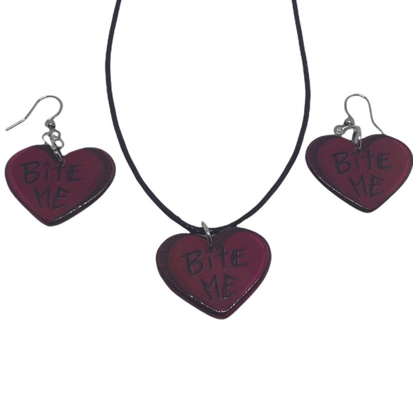 BITE ME HEART necklace & earring set goth gothic new - Picture 1 of 3